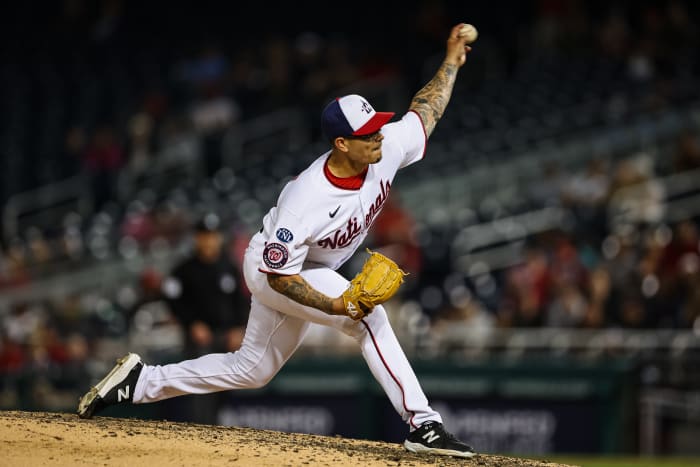 Apr 3, 2023; Washington, District of Columbia, USA; Washington Nationals relief pitcher Anthony Banda (50) delivers a pitch against the Tampa Bay Rays during the ninth inning at Nationals Park.